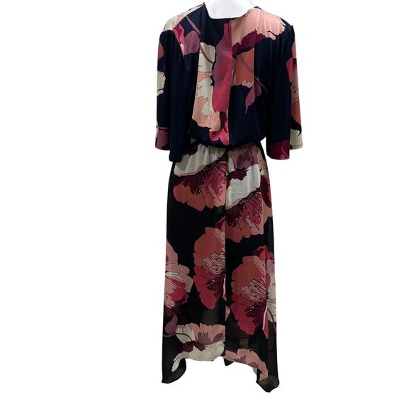 Lane Bryant Floral Faux Wrap Midi Dress Size 14 Navy Pink Asymmetrical Hem - Picture 6 of 8